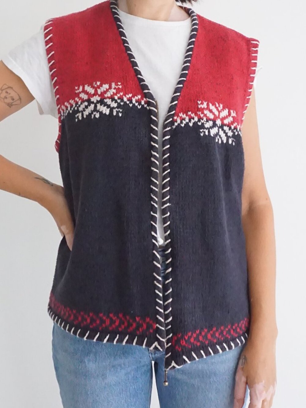 Vintage Woolrich Red Navy Fair Isle Nordic Snowflake Knit Vest XL